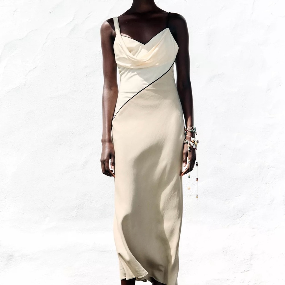 Zara Cream Two-Tone Midi Slip Dress